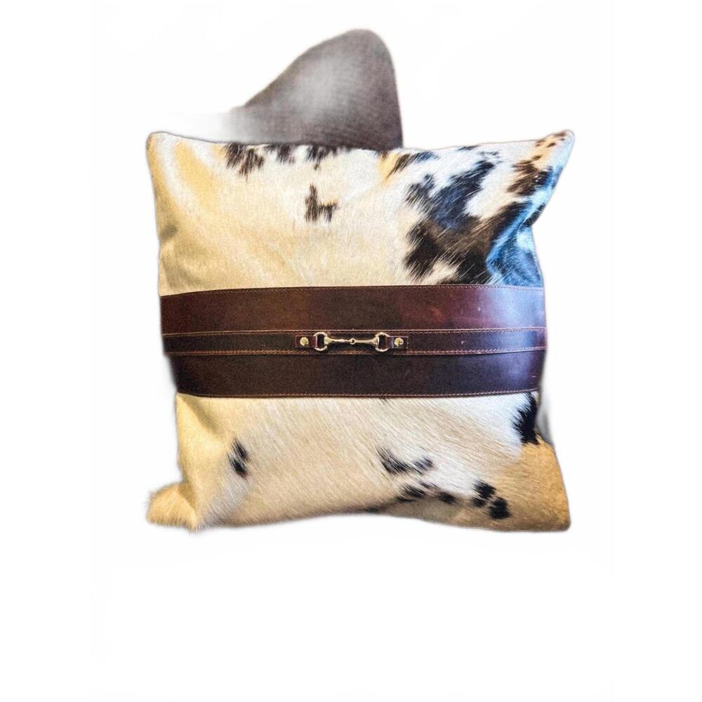 NEW EQUIPAGE snaffle bit cowhide leather pillow cover #1 in brown/ white/ black